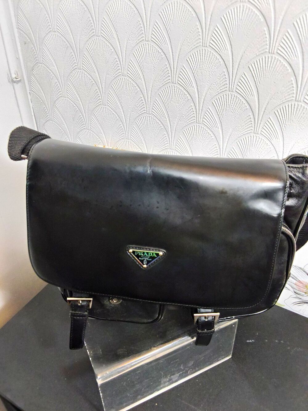 Prada Black Leather messager shoulder bag dual front pockets and buckled straps